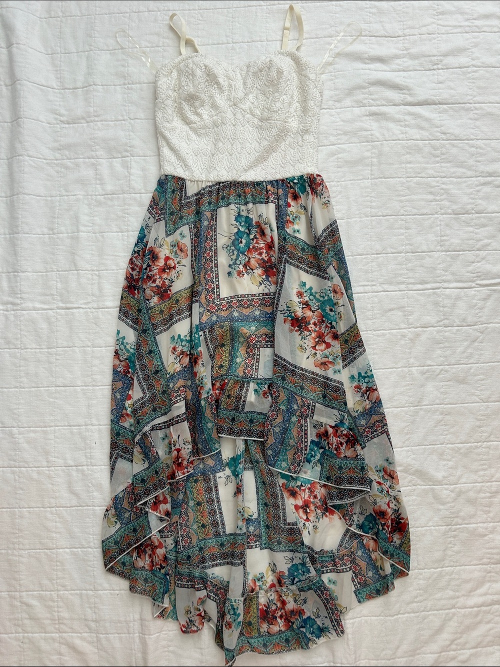 AUW White Bodice Floral Maxi Dress with Teal and Rust Pattern